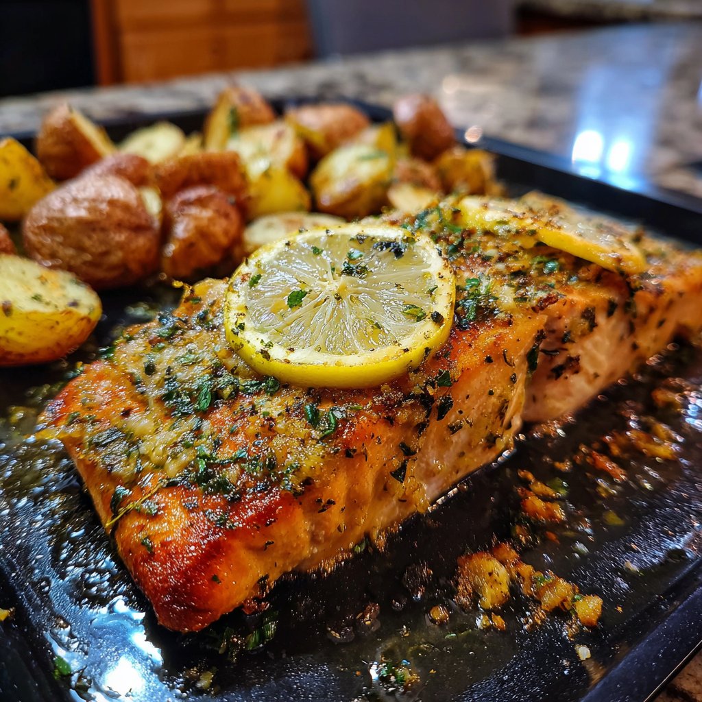Garlic Herb Lemon Butter Salmon with Crispy Potatoes